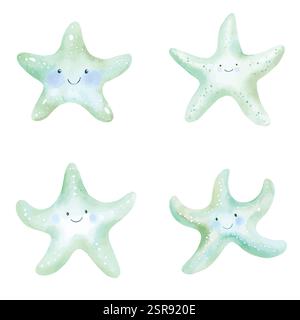 Illustration d'aquarelle dessinée à la main d'un jeu d'aquarelles Starfish dessinées à la main qui a été tracé et vectorisé par image. L'illustration est parfaite pour n'importe quel de Illustration de Vecteur