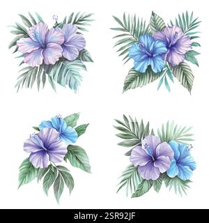 Une illustration aquarelle dessinée à la main de feuilles tropicales et de fleurs d'hibiscus : une illustration aquarelle qui a été tracée par image et vectorisée. Le illus Illustration de Vecteur