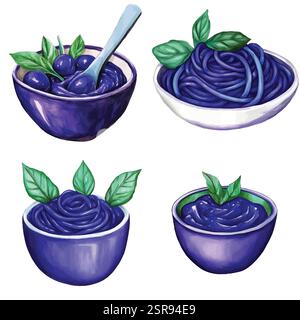 Une illustration à l'aquarelle dessinée à la main d'un ensemble de sauce pour pâtes à l'aquarelle dessinée à la main qui a été tracée par image et vectorisée. L'illustration est parfaite pour tout Illustration de Vecteur