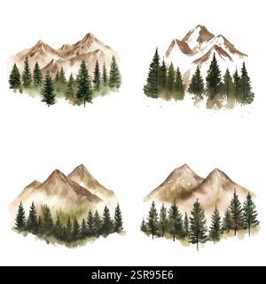 Une illustration d'aquarelle dessinée à la main de montagnes, forêts et arbres : une illustration d'aquarelle dessinée à la main qui a été tracée par image et vectorisée. Le il Illustration de Vecteur