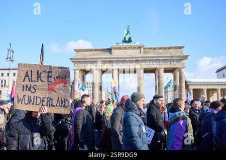 Berlin, Allemagne. 15 février 2025. « Alice Back to Wonderland » est écrit sur une affiche tenue par un démonstrateur au « Winter CSD ». La manifestation se déroule sous le slogan "Votez pour l'amour - pendant que vous pouvez encore". La CSD e. V. de Berlin appelle le futur gouvernement allemand à inclure les personnes queer dans la constitution, à fournir une sécurité financière pour les projets queer et à mieux protéger la communauté contre les crimes et discours de haine. Crédit : Annette Riedl/dpa/Alamy Live News Banque D'Images