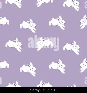 Modèle sans couture avec lapin de Pâques en délicat fond de couleurs violet pastel et blanc. Illustration de printemps minimaliste lapin dans un style plat pour Illustration de Vecteur