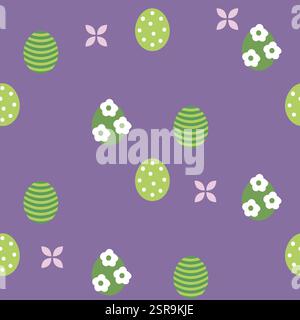 Motif oeuf de Pâques joyeuses. Vecteur printemps violet et vert modèle sans couture. Oeufs de Pâques avec des fleurs abstraites. Élément de style plat de fond de conception. Illustration de Vecteur