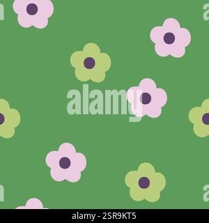 Fond vert de vecteur floral audacieux rétro. Conception de motif de surface dans le style de hippie. Fleurs vintage groovy Marguerite dans le style moderne des années 60, 70, 80s pour Illustration de Vecteur