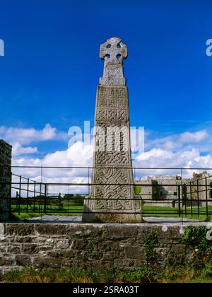 E face de la C11th Carew Cross, Pembrokeshire, pays de Galles, Royaume-Uni, regardant W vers Carew Castle. Dédié au roi Margiteut fils d'Etguin (Maredudd ap Edwin). Banque D'Images