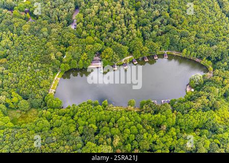 Vue aérienne, réserve naturelle NSG Kirchheller Heide, forêt verte avec lac de truites et parc de pêche Zur Grafenmühle avec cabanes forestières dans le lac, Kirchhe Banque D'Images