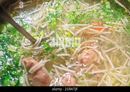 soupe de poulet avec morceaux de viande, nouilles et légumes. Alimentation saine Banque D'Images