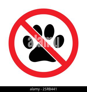 Pas d'animaux de compagnie et d'animaux autorisés symboles d'interdiction rouge marques d'empreinte de couleur noire. Aucun vecteur de signe animal défini. Panneau d'interdiction rouge sans animaux domestiques. Illustration de Vecteur