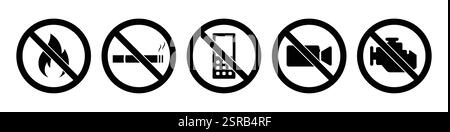 Zone non fumeur, pas de feu, pas de téléphone portable, arrêter le symbole d'interdiction de restriction du moteur. Jeu d'icônes de règles de sécurité de la pompe à essence. Panneau d'avertissement pour le gaz et le pétrole. Illustration de Vecteur