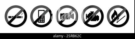 Zone non fumeur, pas de feu, pas de téléphone portable, arrêter le symbole d'interdiction de restriction du moteur. Jeu d'icônes de règles de sécurité de la pompe à essence. Panneau d'avertissement pour le gaz et le pétrole. Illustration de Vecteur
