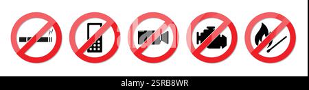 Zone non fumeur, pas de feu, pas de téléphone portable, arrêter le symbole d'interdiction de restriction du moteur. Jeu d'icônes de règles de sécurité de la pompe à essence. Panneau d'avertissement pour le gaz et le pétrole. Illustration de Vecteur