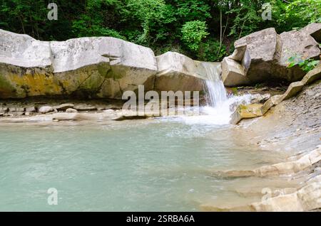 De petites cascades d'eau au-dessus de rochers accidentés dans une piscine calme. Le feuillage verdoyant entoure la scène tranquille, créant un cadre naturel paisible. Enh. Lumière douce Banque D'Images