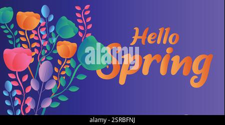 Carte de voeux Hello Spring Web bannière. Fond de saison de printemps avec des fleurs colorées et un design tendance. Texte de printemps pour la célébration de la saison des fêtes Illustration de Vecteur