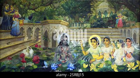 Radha Krishna jouant dans étang peinture, Mathura, Uttar Pradesh, Inde, Asie Banque D'Images