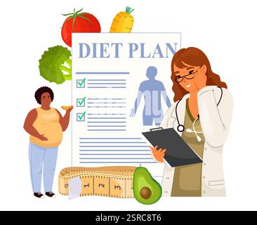 Un professionnel de la santé examine un plan de régime avec un patient pendant que les fruits et légumes sont affichés. Ils discutent des options nutritives pour efficace Illustration de Vecteur