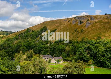 Scène de campagne tranquille avec des chalets en pierre, des forêts verdoyantes et des collines calcaires à Monsal Dale - Une scène typiquement britannique Banque D'Images