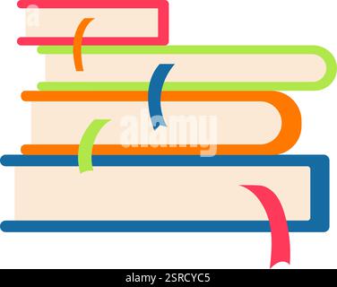 Empilés, quatre livres vibrants ornés de signets invitent les lecteurs à se plonger dans des histoires captivantes et à découvrir les royaumes infinis de la connaissance et de l'imagination Illustration de Vecteur