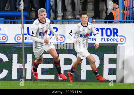 Beveren Waas, Belgique. 15 février 2025. Ryan Merlen de Liège célèbre après avoir marqué lors d'un match de football entre SK Beveren et RFC Liège, samedi 15 février 2025 à Beveren-Waas, le jour 22 de la deuxième division du championnat belge 'Challenger Pro League' 2024-2025. BELGA PHOTO JILL DELSAUX crédit : Belga News Agency/Alamy Live News Banque D'Images