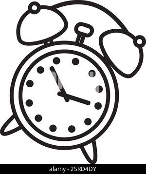 Simple dessin au trait noir et blanc d'un réveil traditionnel avec des cloches qui sonnent, indiquant l'heure actuelle et servant de rappel ou d'appel de réveil Illustration de Vecteur