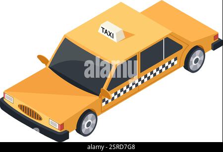 Taxi jaune classique attendant les passagers, avec des bandes à carreaux sur le côté et un panneau de taxi sur son toit, présenté dans une vue isométrique sur un fond blanc propre Illustration de Vecteur