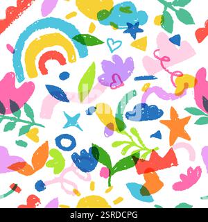 Motif abstrait coloré sans couture avec de la craie, crayon crayon dessiné à la main des formes de gribouillage. Vecteur doodle fond tendance. Tissu enfant design, emballage Illustration de Vecteur
