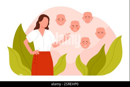 Hypocrisie, malhonnêteté de la personne avec de fausses émotions, fausse identité trouble. Menteur cachant la vérité du sentiment, fille pointant vers le masque de théâtre pour choisir heureux et en colère, triste illustration vectorielle de dessin animé d'humeur Illustration de Vecteur