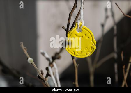 Faites-le vous-même sécher l'air de l'artisanat d'argile pour les vacances de Pâques. Décoration durable idée cadeau écologique artisanale pour enfants artisanaux. Instruction étape par étape de la peinture, pressant des chiffres sur une brindille en bois Banque D'Images