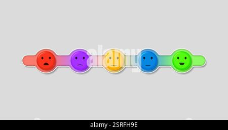 Échelle de rétroaction, note de satisfaction et concept d'émotion sous la forme de boules colorées émotionnelles dans un cadre. Illustration vectorielle 3D. Illustration de Vecteur