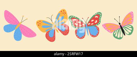 Papillons avec des motifs. Ensemble insecte dessiné à la main Illustration de Vecteur