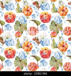 Framboise cloudberry volant dans l'eau éclaboussures de gouttes, dessiné à la main à l'aquarelle, baie de forêt rouge mûre et feuilles. Carreau à motif sans couture Banque D'Images