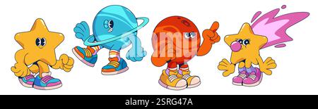 Personnages d'univers de dessin animé groovy avec des corps célestes expressifs dans des baskets. Étoiles jaunes, planète bleue, mars rouge et comète cosmique avec bu rose Illustration de Vecteur