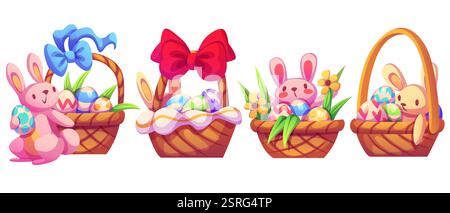 Paniers de Pâques avec des œufs et des lapins mignons ensemble isolé sur blanc. Illustration vectorielle de belles boîtes en osier décorées avec des rubans de couleur, des bonbons Illustration de Vecteur