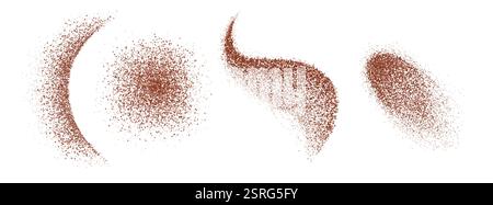 Poudre de poivre rouge dispersée dans diverses formes - strie courbée, nuage rond dispersé, silhouette de vague et patch ovale sur fond blanc. Épice moulue p Illustration de Vecteur