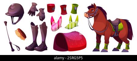 Ensemble d'équipement de course de chevaux isolé sur fond blanc. Illustration de dessin animé vectoriel de cheval de course brun, selle, chapeau de mouche et tapis de couverture, chapeau de jockey, botte Illustration de Vecteur