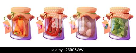 Conserver les bocaux isolés sur fond blanc. Illustration vectorielle de dessins animés de récipients en verre avec des étiquettes en papier, des carottes marinées salées, du piment Illustration de Vecteur