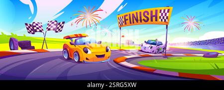 Scène de dessin animé de voitures de course pour enfants avec des automobiles souriantes sur la piste, drapeaux à damiers croisés, bannière de finition et feux d'artifice dans le ciel bleu. Tracé de route avec co Illustration de Vecteur