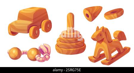 Jouets en bois pour le développement des enfants. Collection artisanale - voiture classique, anneaux empilables pyramidaux, cheval à bascule et hochet de bébé. Éducation naturelle Illustration de Vecteur