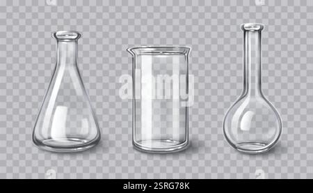 Ensemble de verrerie 3D de laboratoire de chimie - béchers vides transparents, flacons, récipients cylindriques avec des reflets réalistes. Labora transparent en verre blanc Illustration de Vecteur