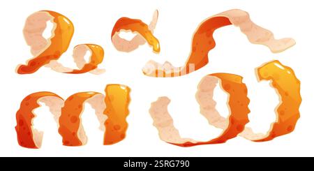 Ensemble peau d'orange isolé sur fond blanc. Illustration réaliste vectorielle de spirale de peau de fruit frais, mandarine, mandarine, écorce de citron, jus d'agrumes, Illustration de Vecteur