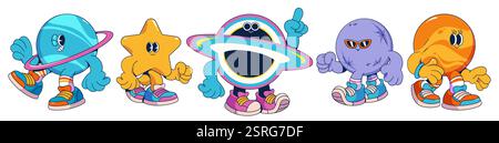 Mascottes de dessin animé Groovy Universe placées dans des baskets - corps célestes lumineux avec des expressions joyeuses, des poses dynamiques et un style tendance. Caractère sur le thème de l'espace Illustration de Vecteur