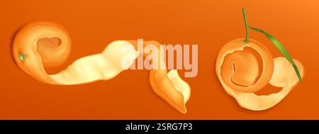 Pelures de mandarine ensemble isolé sur fond orange. Illustration réaliste vectorielle de la spirale de peau de fruit frais avec feuille verte, mandarine, écorce de citron, cit Illustration de Vecteur