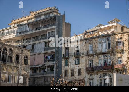 Les trous de balles sur la façade des bâtiments libanais, résultat de la guerre et des conflits au Liban. Banque D'Images