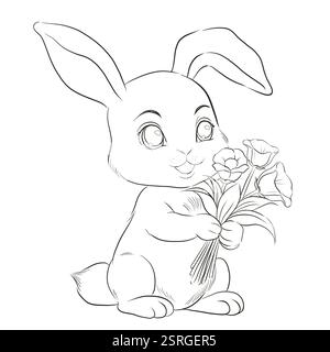 Lapin de Pâques tenant des fleurs illustration vectorielle. Dessin imprimable de coloration d'animaux pour enfants Banque D'Images