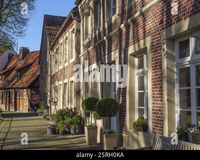 Rangées de maisons en briques au soleil avec de l'ombre et des plantes en pot, billerbeck, Rhénanie du Nord-Westphalie, Allemagne, Europe Banque D'Images