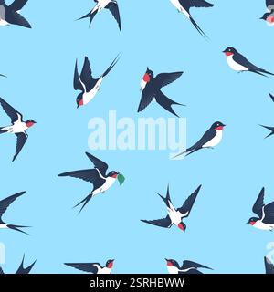 Illustration vectorielle colorée d'hirondelles volant sur un fond bleu clair représentant la nature en mouvement. Motif sans couture Illustration de Vecteur
