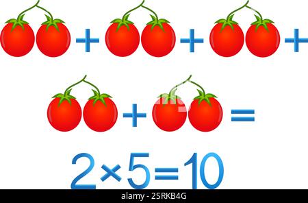Jeux éducatifs pour les enfants, action de multiplication, exemple avec des tomates. Illustration de Vecteur