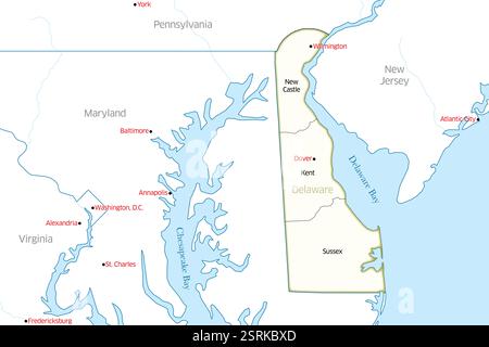 Carte détaillée de l'état du Delaware, États-Unis, montrant ses trois comtés : New Castle, Kent et Sussex. Banque D'Images