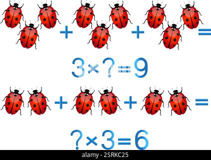 Jeux éducatifs pour les enfants, action de multiplication, exemple avec des coccinelles. Illustration de Vecteur