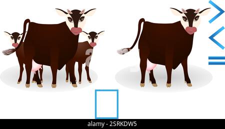 Jeu éducatif pour les enfants, comparaison du nombre de vaches. Illustration de Vecteur