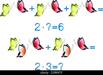 Jeux éducatifs pour enfants, action de multiplication, exemple avec des papillons. Illustration de Vecteur
